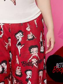 Betty Boop x SHEIN Plus Size Scoop Neck Cartoon Figure Graphic Tank Top And Wide Leg Pants Sleepwear Pajama Set, Comfy & Fashionable - Red and White - View 4