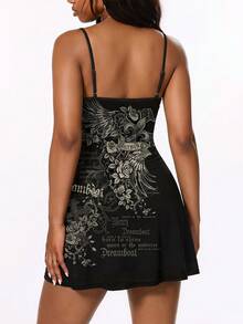 ROMWE Grunge Punk Punk Sexy Vine Wing Print Mini Dress For Women - Black - View 2