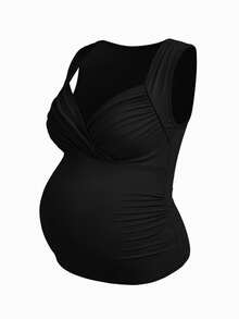 SHEIN 孕婦純色百褶休閒百搭日常穿著上衣 - 黑色 - 查看 4
