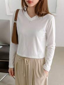 Dazy-Less Spring/Autumn Casual Versatile Solid Color Long Sleeve T-Shirt - White - View 5