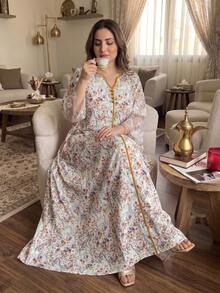 Al Najma Plus Size Women's Arabian Dress Loose Fit 3/4 Sleeve With Chiffon Patchwork Cuff, Suitable For Summer Daily Wear - Yellow - View 3
