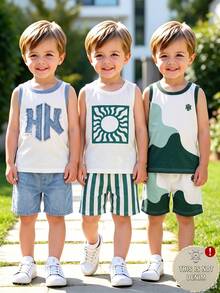 SHEIN Playful Pals 3 Sets  Casual Classic Faux Pattern, Sun Pattern, Color Block Patchwork Pattern Printed Sleeveless Tank Top And Matching Printed Shorts - Multicolor - View 3