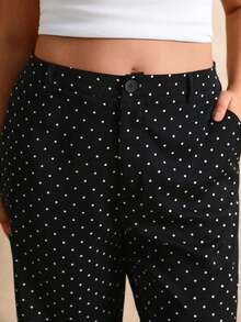 Juhart 大尺碼女款梭織標準版型夏季復古法式通勤簡約休閒白色波點高腰直筒黑色七分褲 - 黑色 - 查看 8