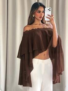 Aloruh Brown Romantic Elegant Date Vacation Vacation Sexy Outing Off-Shoulder Chiffon Lace Patchwork Multi-Layer Ruffle Asymmetrical Women's Blouse Autumn - Brown - View 2