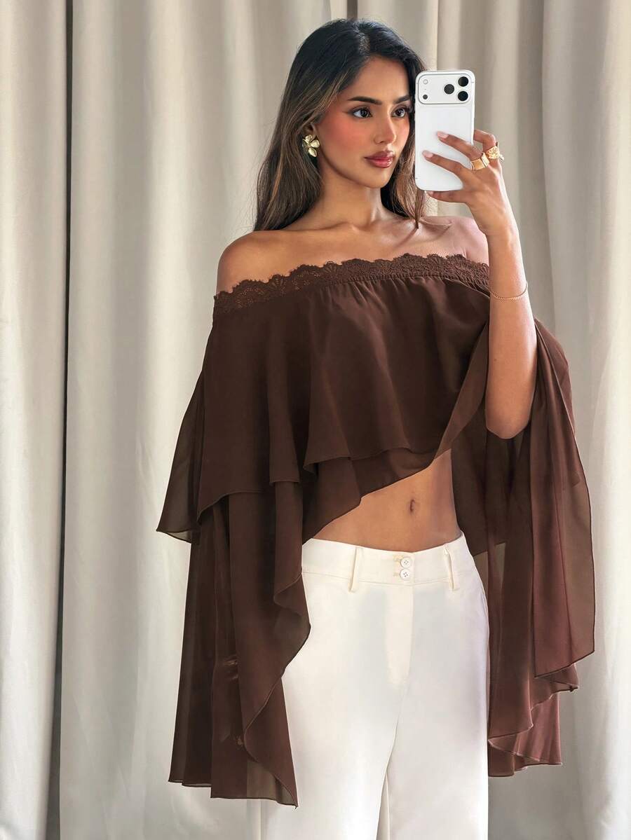 Aloruh Brown Romantic Elegant Date Vacation Vacation Sexy Outing Off-Shoulder Chiffon Lace Patchwork Multi-Layer Ruffle Asymmetrical Women's Blouse Autumn