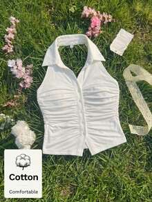 SHEIN MOD 女款純棉夏季休閒純色前抓褶鈕扣露背掛脖上衣 - 白色 - 查看 7