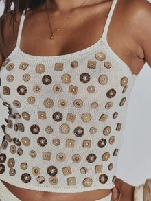 MUSERA Camiseta de tirantes de punto con botones decorativos en todo el diseño, para primavera, verano, vacaciones y días festivos - Beis - Ver 6