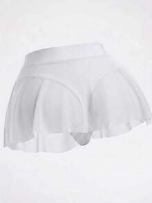 Swim Basics 女款比基尼三角褲褶皺裙，波浪荷葉邊下擺網紗罩裙，修身顯身材 - 白色 - 查看 1