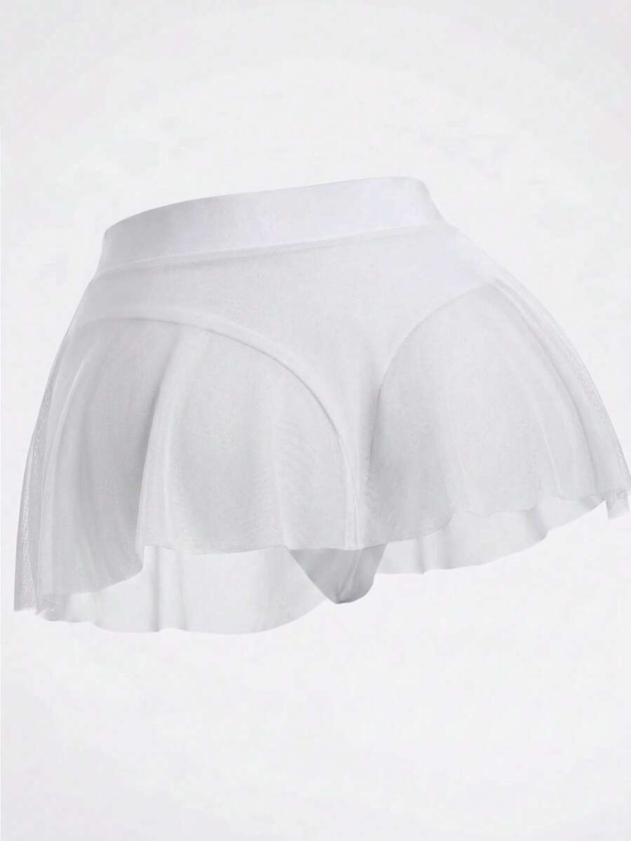 Swim Basics 女款比基尼三角褲褶皺裙，波浪荷葉邊下擺網紗罩裙，修身顯身材 - 白色 - 查看 1