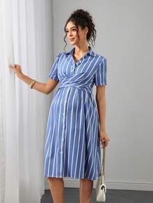 Momance Blue And White Striped Shirt Dress For Maternity, Lapel V-Neck With Criss-Cross Tie Waist, Short Sleeve Single-Breasted A-Line Skirt, Suitable For All Pregnancy Stages, Commute And Daily Wear, Elegant And Slimming Maternity Dress - Blue - View 3