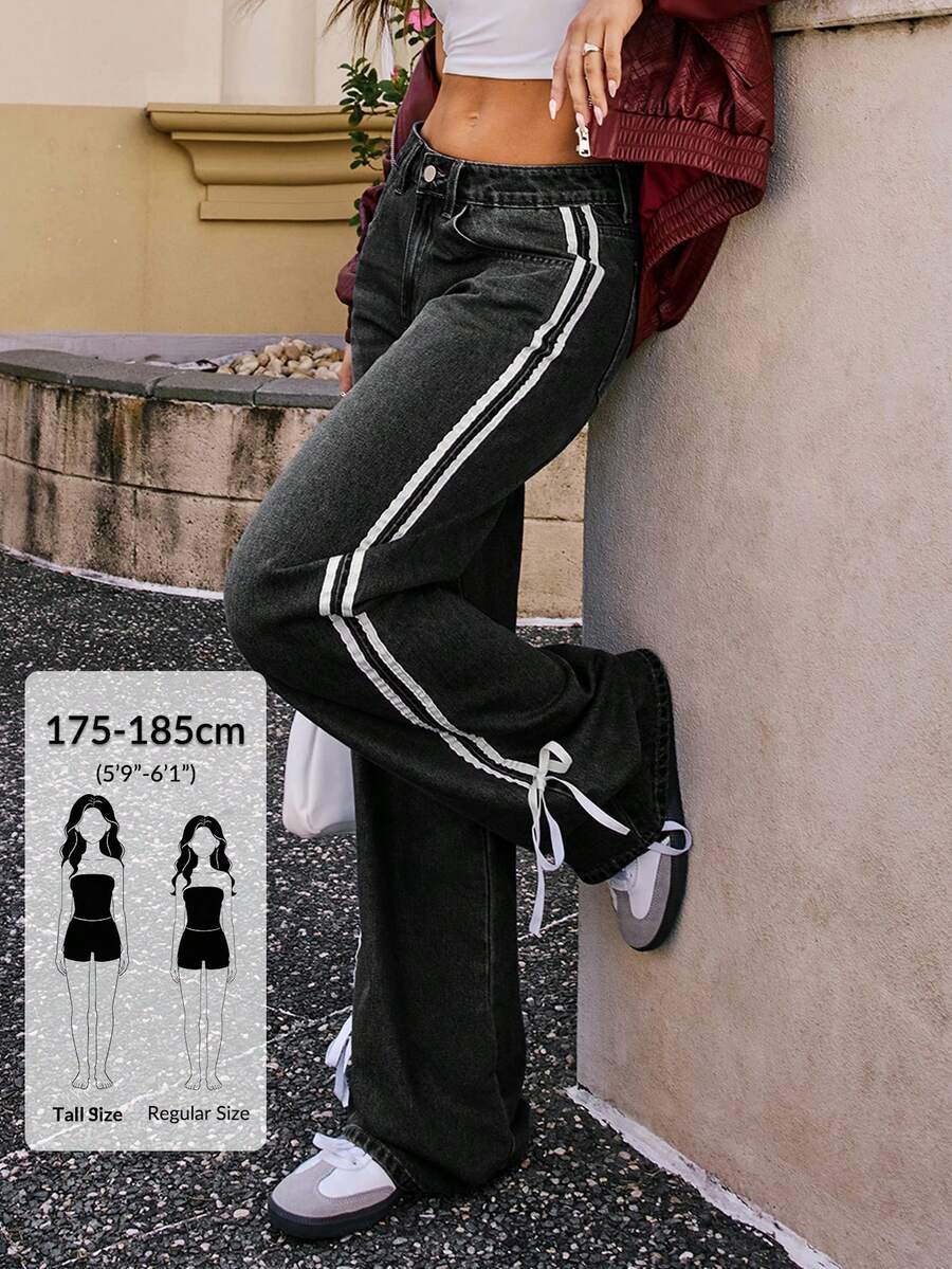 SHEIN Tall 女款側條紋直筒寬鬆休閒牛仔褲 Y2K 織帶蝴蝶結,高個女性適用 - 黑色 - 查看 1