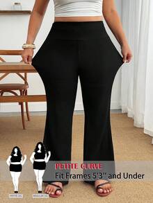 SHEIN PETITE CURVE 大尺碼女款休閒黑色高腰喇叭褲 秋季 - 黑色 - 查看 3