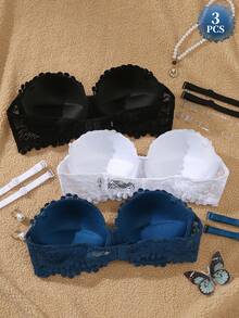 DesireSculpt Women's Underwire Sexy Lace Push-Up Bra 3pcs Set - Multicolor - View 2