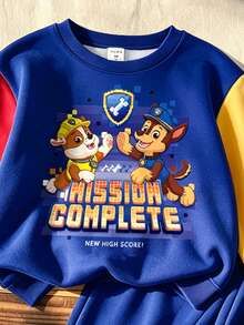SHEIN | PAW Patrol GraphicGems 小男孩圓領拼色卡通圖案長袖衛衣與運動長褲休閒日常套裝 - 寶藍色 - 查看 5