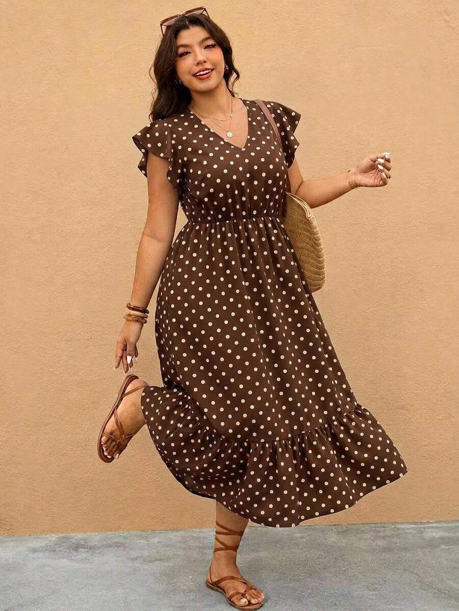SHEIN Essnce 休閒百搭優雅棕色波點圖案大尺碼荷葉袖洋裝,適合派對、約會、晚宴 - 彩色 - 查看 1