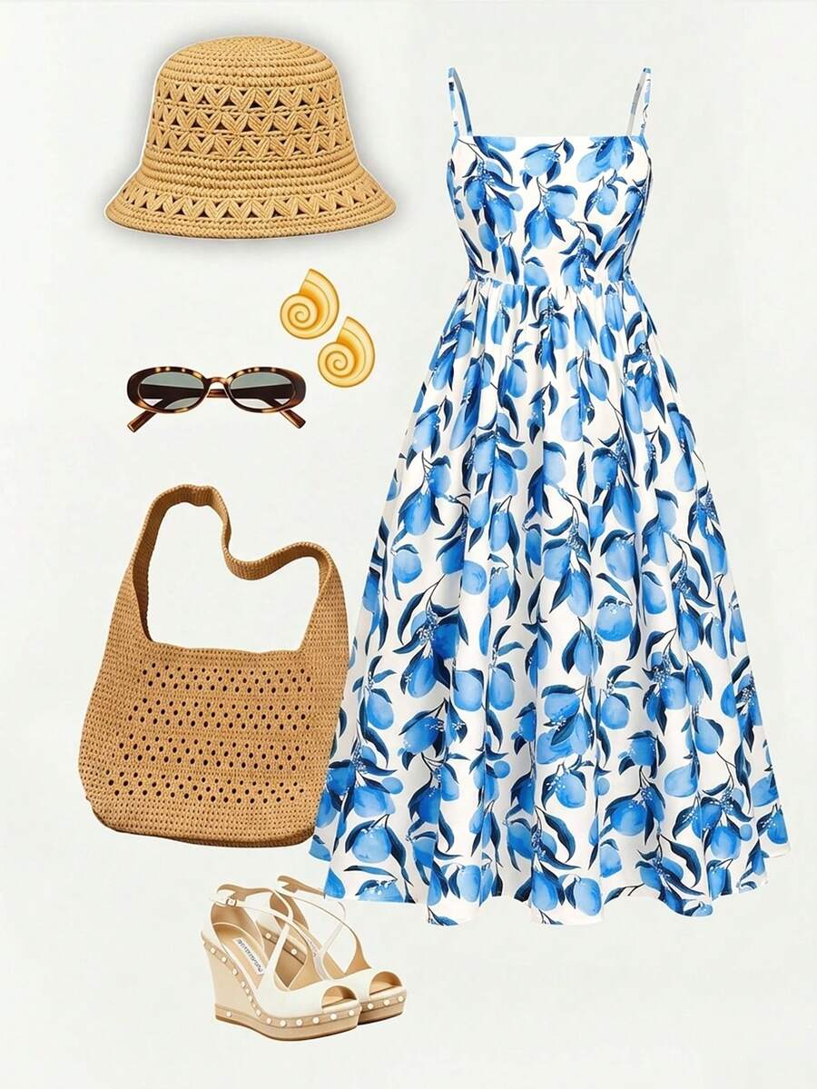 GlowEve CURVE Plus Size Women's All-Over Print Casual Summer Spaghetti Strap Dress - Blue - View 1
