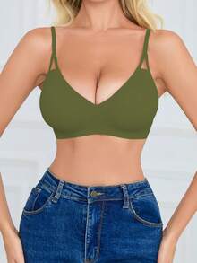 SHEIN 女款無縫內衣，1件 - 橄欖綠 - 查看 1