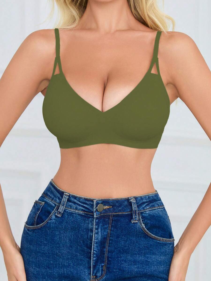 SHEIN 女款無縫內衣,1件 - 橄欖綠 - 查看 1