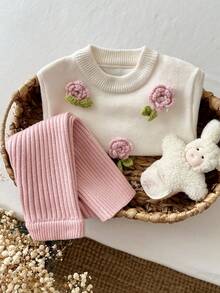 SHEIN LMoss Kids 女嬰針織圓領3D花朵休閒毛衣與長褲兩件套 - 彩色 - 查看 4