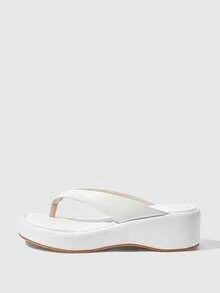 HighSole 春夏新款白色厚底坡跟夾腳拖鞋女鞋，防滑增高休閒舒適涼鞋，百搭款戶外海灘度假首選，居家必備夾腳拖 - 白色 - 查看 3