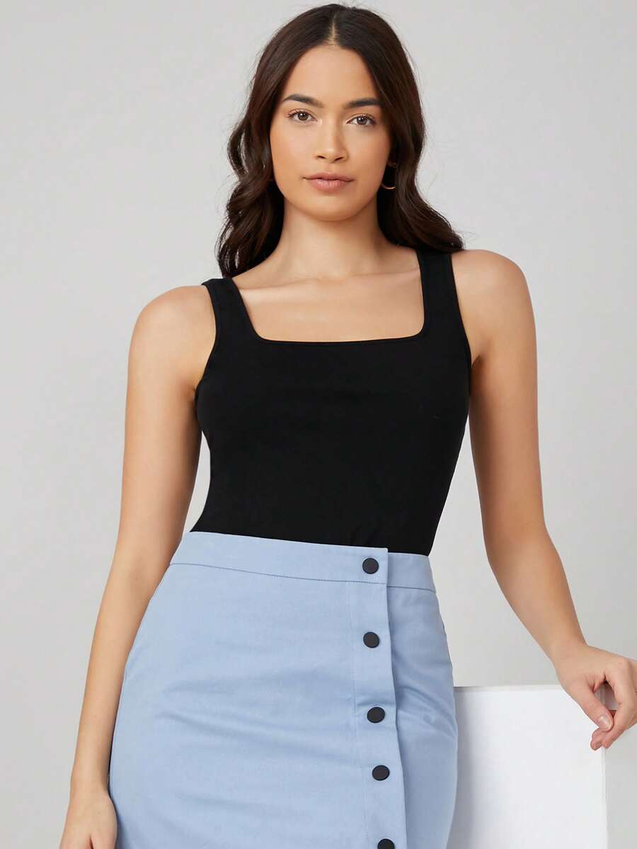SHEIN BASICS Top de tirantes de cuello cuadrado de color liso, moda simple, casual de uso diario, top de verano