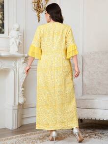 Reflora Vestido elegante de mujer talla grande con cuello en V, diseño de botones y puños con volantes en jacquard - Amarillo - Ver 8