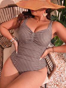 Slaydiva Plus Size Vacation Beach Plaid One-Piece Swimsuit - Brown - View 6