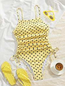 Swim Mod 可愛女孩休閒度假風 青春感碎花隨機印花 海灘海邊穿搭 繫帶抽繩修身顯身材 露背顯瘦女款連身泳衣 - 彩色 - 查看 5