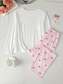 4件組女孩青少年家居服套裝，長袖拼接印花上衣搭配全數位印花長褲，牛奶絲面料舒適居家服 - 白色 - 查看 2