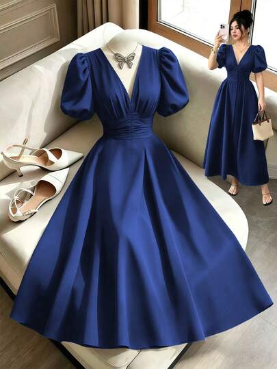 Elenzga Elegant Solid Color Petal Sleeve V-Neck Dress