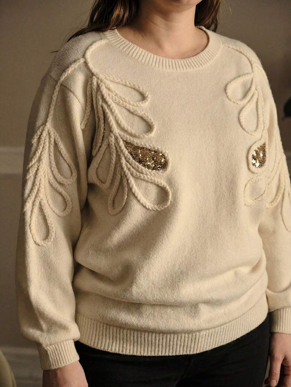 MOTF SUÉTER PULOVER TALLA GRANDE ELEGANTE EXQUISITO CON Cuentas BORDADO FLORAL COLOR ALBARICOQUE, OTOÑO/INVIERNO