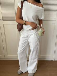 Sunnyshic Women's Spring/Summer Young Casual Off-Shoulder Off-The-Shoulder Knit Short Sleeve Top - Beige - View 5