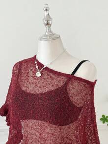 SHEIN EZwear 大码女式绿色荷叶边半透明休闲钩针披肩，适合夏季外出和约会 - 紅色 - 查看 4
