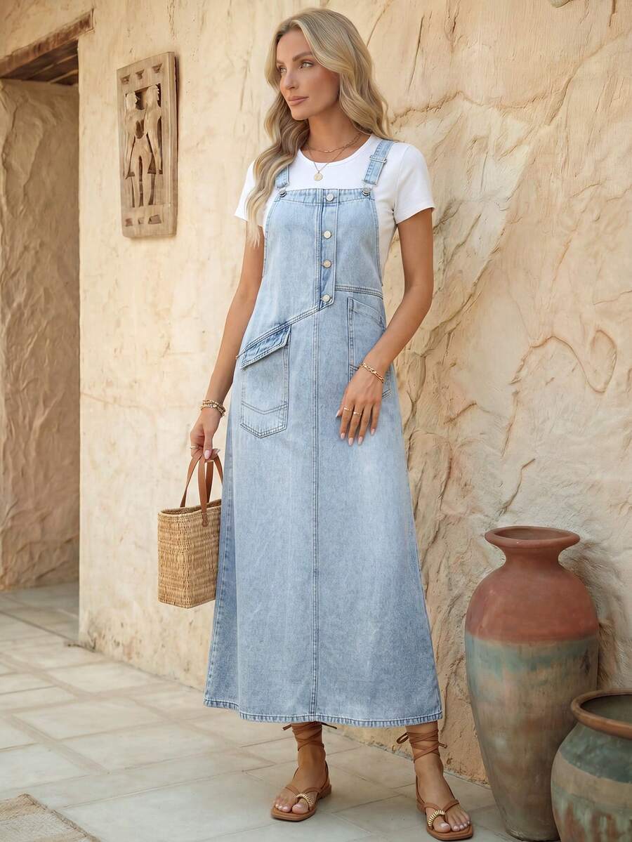 EMERY ROSE Women's Button Half Placket Pocket Casual Denim Overall Dress - Blue - View 1