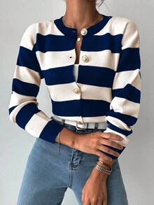 EURMUSE Women's Autumn Striped Long Sleeve Metal Single-Breasted Knit Cardigan - Dusty Blue - View 5