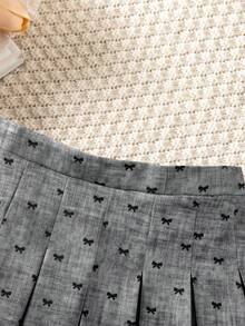 SHEIN 少女時尚百搭百褶布洛克印花貼身休閒裙 - 灰色 - 查看 5