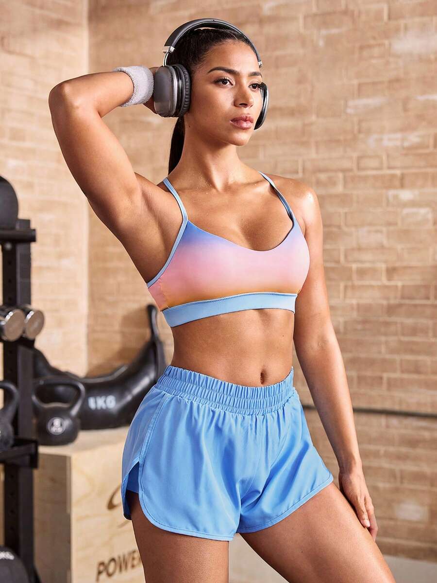 Powerista Ensemble de sport pour femmes avec top licou imprimé dégradé & short - Bleu azur - Voir 1