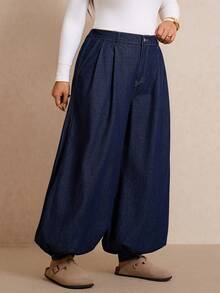 Slaydiva Plus Size Women's High Waist Loose Casual Lantern Denim Jeans - Blue - View 5