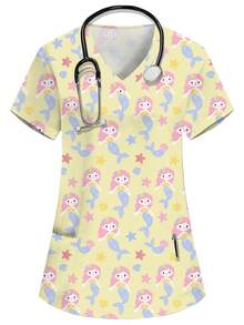 PopScrub V-Neck Short Sleeve Double Pocket Cute Cartoon Mermaid Print Nurse Doctor Work Uniform Top, Health Checkup Surgery Uniform, Beauty Nutritionist Work Uniform, Lab Uniform, Functional Holiday, Summer Women's Top - Yellow - View 1