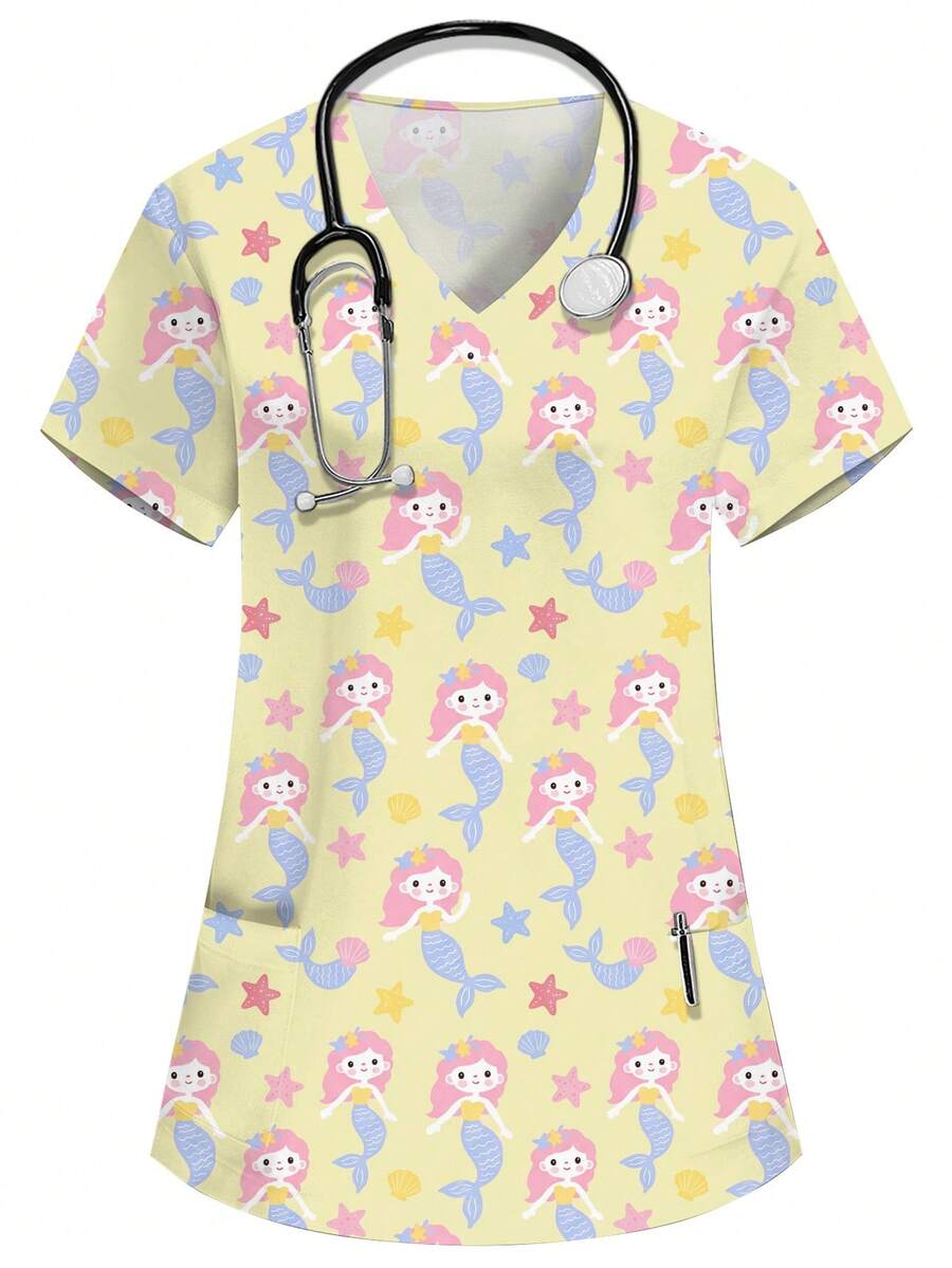 PopScrub V-Neck Short Sleeve Double Pocket Cute Cartoon Mermaid Print Nurse Doctor Work Uniform Top, Health Checkup Surgery Uniform, Beauty Nutritionist Work Uniform, Lab Uniform, Functional Holiday, Summer Women's Top - Yellow - View 1