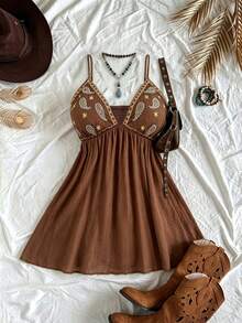 Sunspun Plus Size Spaghetti Strap Embroidered Chest Dress - Brown - View 1