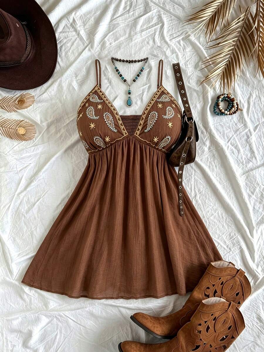 Sunspun Plus Size Spaghetti Strap Embroidered Chest Dress - Brown - View 1