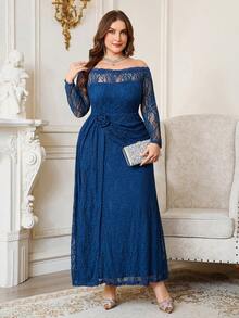 Reflora Plus Size Women's Off-Shoulder Long Sleeve 3D Floral Decor Lace Elegant Dress Fall - Blue - View 7