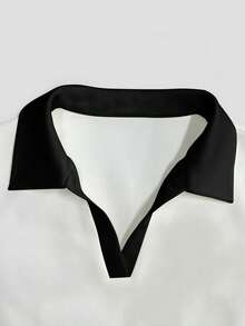 SHEIN Franclia 女款夏季 Polo 領短袖收腰 A 字洋裝，簡約顯瘦設計，適合日常通勤、外出與野餐 - 黑與白 - 查看 5