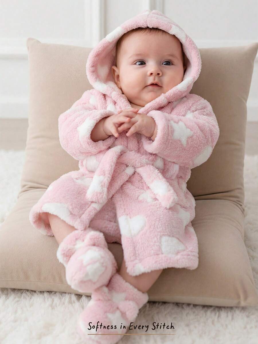 Cozy Pixies 新生兒男嬰女嬰卡通熊圖案保暖內裡加厚連帽長袖前綁帶睡袍 - 彩色 - 查看 1