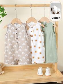 SHEIN 3pcs Newborn Baby Boy Unisex Baby Clothes Cute Summer Playful Print Pattern Sleeveless Rompers Multi-Color Basic Bodysuit Set - Multicolor - View 4