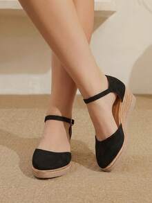 Styleloop Sandalias de mujer estilo bohemio con cuña de paja y cuerda de cáñamo, punta fina, plataforma retro, botón y tacón alto tipo romano - Negro oscuro - Ver 10