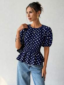 Ritzy Row 女款春夏時尚舒適休閒復古通勤圓領波點印花優雅收腰花瓣袖襯衫 茶會風 - 藍色 - 查看 3