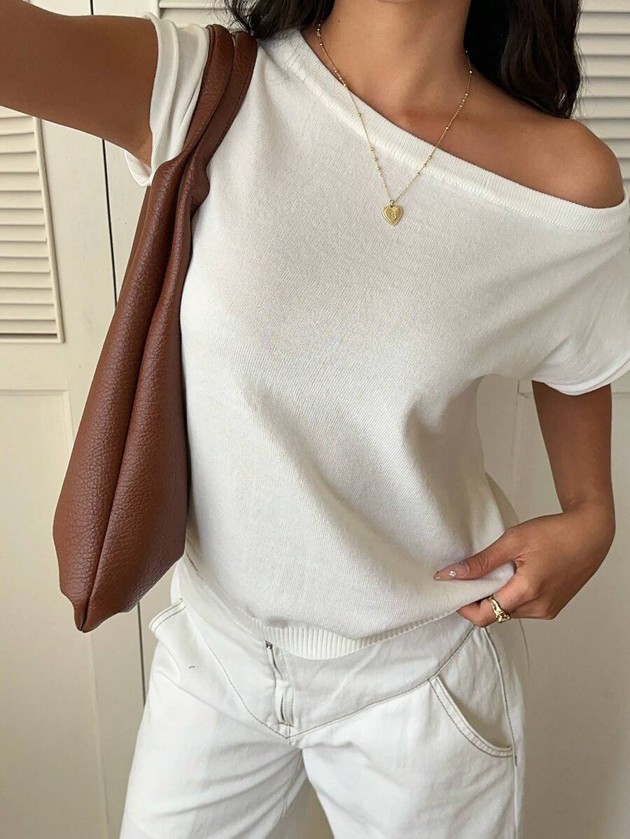Sunnyshic Women's Spring/Summer Young Casual Off-Shoulder Off-The-Shoulder Knit Short Sleeve Top - Beige - View 1