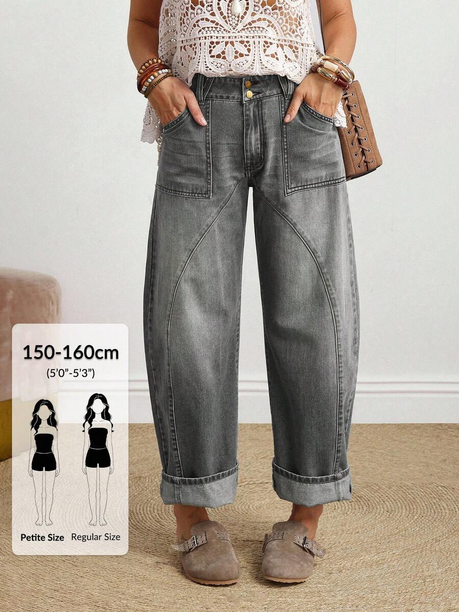 SHEIN PETITE 女款寬鬆休閒錐形牛仔褲,附口袋,百搭,適合嬌小女性 - 灰色 - 查看 1